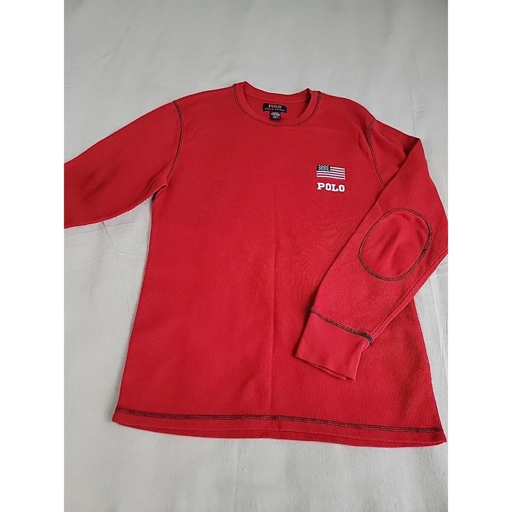 Polo Ralph Lauren Thermal Shirt Mens Medium Red Waffle Knit Elbow Patch Flag